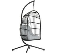 Outsunny Silla Colgante Huevo con Soporte Cesta Plegable Cojín Reposacabezas Altura Ajustable y Cuerda Carga 120 kg Gris Claro Aosom España