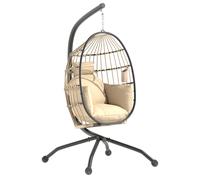 Outsunny Silla Colgante Huevo con Soporte Cesta Plegable para Interior y Exterior Cojín y Reposacabezas Carga 120 kg Caqui Aosom España