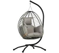 Outsunny Silla Colgante Huevo con Soporte Columpio de Jardín Exterior con Cesta Plegable Reposacabezas Cojín Bolsillo Lateral Columpio Colgante para Interior y Exterior Carga 120 kg Gris