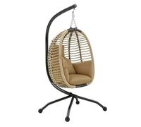 Outsunny Silla Colgante Huevo con Soporte Columpio de Jardín Exterior con Cesta Plegable Reposacabezas Cojín Bolsillo Lateral Columpio Colgante para Interior y Exterior Carga 120 kg Beige