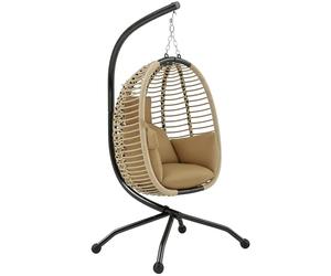 Outsunny Silla Colgante Huevo con Soporte Columpio de Jardín Exterior con Cesta Plegable Reposacabezas Cojín Bolsillo Lateral Columpio Colgante para Interior y Exterior Carga 120 kg Beige