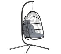 Outsunny Silla Colgante Huevo con Soporte, Columpio Jardín Exterior con Cesta Plegable, Cojín Anti-UV y Reposacabezas Desmontable para Interior y Exterior, Carga 150 kg, Gris Oscuro