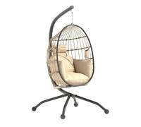 Outsunny silla colgante huevo con soporte columpio jardín exterior con cesta plegable cojín y reposacabezas portavaso columpio colgante para interior y exterior carga 120 kg caqui