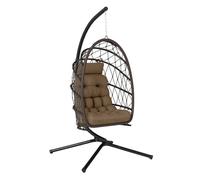 Outsunny Silla Colgante Huevo con Soporte, Columpio Jardín Exterior con Cesta Plegable de Ratán, Cojín Grueso, Reposacabezas, Funda Protectora y Cuerda para Interior y Exterior, Carga 120 kg, Marrón