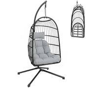 Outsunny Silla Colgante Huevo con Soporte, Columpio Jardín Exterior con Cesta Plegable de Ratán, Cojín Grueso, Reposacabezas, Altura Ajustable, Estructura Metálica para Interior y Exterior, Gris Claro