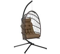 Outsunny Silla Colgante Huevo con Soporte, Columpio Jardín Exterior con Cesta Plegable de Ratán, Cojín Grueso, Reposacabezas, Funda Protectora y Cuerda para Interior y Exterior, Carga 120 kg, Marrón