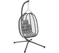 Outsunny Silla colgante plegable de ratán con soporte, cojín y almohada altura ajustable, gris