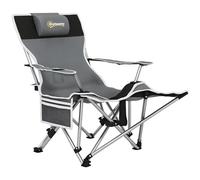 Outsunny Silla de Camping Plegable, Silla de Pesca con reposapiés extraíble, reposacabezas, portavasos y Bolsa de Transporte, Tumbona para Uso al Aire Libre, Playa, Picnic, Gris