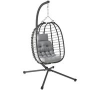 Outsunny Silla Egg de ratán con gancho, cojines acolchados y reposacabezas, mecedora de jardín plegable, base en X de acero, para interior y exterior, gris claro