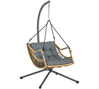 Outsunny Sillón colgante de resina trenzada con soporte, silla colgante, cojín, anclaje de seguridad, altura ajustable, gris Aosom España
