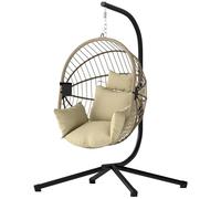 Outsunny - Sillón colgante, silla colgante para hamaca, cesta plegable, cojín acolchado, bolsillo, almohada, silla colgante para interior y exterior, color caqui