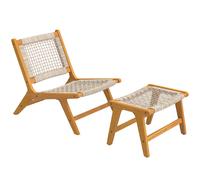 Outsunny Sillón de jardín con taburete 2 piezas Madera de acacia FSC Sillón lounge exterior con asiento de ratán Estilo boho patas ajustables