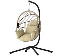 Outsunny Sillón Huevo Colgante, Silla Hamaca Balancín Interior y Exterior, Cesta Plegable, Cojín Acolchado, Caqui