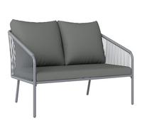Outsunny Sofá de jardín de 2 plazas de resina trenzada con cojines, sofá exterior con reposabrazos, marco de acero para balcón, gris