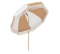 Outsunny Sombrilla de Playa con Flecos Ø175 cm, Sombrilla de Terraza Exterior con Altura Ajustable, Inclinación 30°, Anclaje Arena, UPF30+ y Bolsa de Transporte, Blanco y Beige