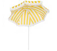 Outsunny Sombrilla de Playa con Flecos Ø180 cm, Sombrilla de Terraza Exterior con Altura Ajustable, Inclinación 30°, Anclaje Arena y Bolsa de Transporte, Amarillo y Blanco