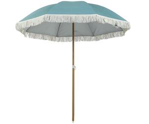 Outsunny Sombrilla de playa palo efecto madera Ø 1,7 m, sombrilla grande con flecos regulable en altura, con protección solar UPF50+, bolsa de transporte ligera incluida, azul claro