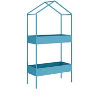 Outsunny Soporte para macetas de 2 niveles en metal con forma de casita y gancho, 75x35x150 cm, Azul Verde