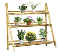 Outsunny Soporte para Plantas de Madera de 3 Niveles, Estantería para Plantas Plegable con Base de Listones, Soporte para Macetas para Interior y Exterior, Terraza, Jardín, 100x37x93 cm, Carbonizado