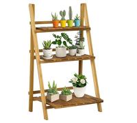 Outsunny Soporte para Plantas de Madera de 3 Niveles, Estantería para Plantas Plegable con Base de Listones, Soporte para Macetas para Interior y Exterior, Terraza, Jardín, 60x37x93 cm, Carbonizado