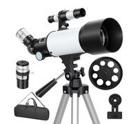 Outsunny Telescopio Astronómico para Adultos y Principiantes 70mm Blanco | Telescopio refractor 40X/16X, 2 oculares, trípode ajustable, adaptador para teléfono, bolsa de transporte
