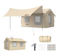 Outsunny Tienda de campaña hinchable con bomba para 6-8 personas, tienda de campaña impermeable 3000 mm antiviento, con apertura para estufa, techo extraíble y suelo cosido, montaje rápido, caqui