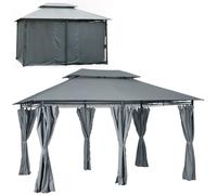 Outsunny Tonnelle Pabellón Jardín 3x4m Doble Techo Cortinas Laterales Acero Gris