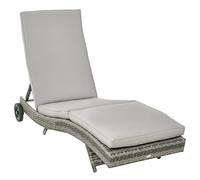 Outsunny Tumbona de Ratán Reclinable en Forma de S con 2 Ruedas Gris Claro | Tumbona de Jardín, Respaldo Ajustable en 5 Posiciones, Cojín Extraíble, para Patio, Terraza, 207x70x70 cm