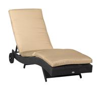 Outsunny Tumbona de Ratán Reclinable Tumbona de Jardín en Forma de S con 2 Ruedas Respaldo Ajustable en 5 Posiciones y Cojín Extraíble para Patio Terraza 207x70x70 cm Negro y Beige