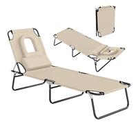Outsunny Tumbona Plegable con Agujero Frontal, Respaldo Ajustable de 4 Posiciones, Silla reclinable de jardín, Silla de salón al Aire Libre con Asiento de Tela Oxford 600D, Almohada para Playa, Beige