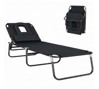 Outsunny Tumbona Plegable con Respaldo Regulable 190x56x28 cm Negro | 4 Posiciones, Tumbona de Jardín, Orificio de Lectura, Almohada, Marco Metálico, Tela Oxford, para Playa, Carga 120 kg