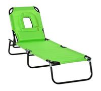 Outsunny tumbona plegable con respaldo regulable en 4 posiciones tumbona de jardín con orificio de lectura almohada marco metálico y tela oxford para playa terraza carga 120 kg 190x56x28 cm verde