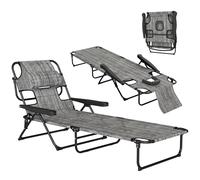 Outsunny Tumbona Plegable, Tumbona Jardín Exterior con Respaldo Ajustable en 4 Posiciones, Orificio de Lectura, Reposacabezas y Brazos, Carga 120 kg, para Terraza, Piscina, 145x72x89 cm, Gris