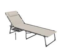 Outsunny Tumbona Plegable, Tumbona Jardín Exterior con Respaldo Ajustable, Reposacabezas, Bolsillo Lateral, Bandeja y Estructura de Acero, Carga 120 kg para Terraza Piscina Playa, 190x60x31 cm, Crema