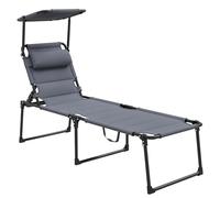 Outsunny Tumbona Plegable, Tumbona Jardín Exterior con Toldo Ajustable, Respaldo Regulable en 4 Niveles, Reposacabezas, Cojín Grueso, para Terraza, Piscina, 70x200x45 cm, Gris