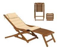Outsunny tumbona silla plegable de madera de acacia, silla de jardín exterior con reposapiés desmontable y cojín con reposacabezas, carga 160 kg, para terraza, patio, playa, 158x61x70 cm, beige