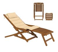Outsunny Tumbona Silla Plegable de Madera de Acacia 158x61x70 cm Beige | Silla de Jardín Exterior, Reposapiés Desmontable, Cojín con Reposacabezas, Carga 160 kg, para Terraza, Patio, Playa