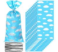 Outus 100 piezas de cielo azul, nubes blancas, suministros para fiesta de cumpleaños, cielo azul, nubes blancas, bolsas de celofán, bolsas de regalo de historias de dibujos animados con 200 lazos