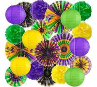 Outus 21 piezas de decoraciones de Mardi Gras, incluye faroles de papel colgantes de color morado, verde y dorado, pompones de pañuelo, corona de máscara, abanicos de papel para fiestas de carnaval de