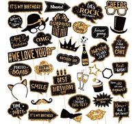 Outus 36 Piezas de Accesorios para fotomatón de cumpleaños, sesión de Fotos en Negro y Dorado, Accesorios de Fiesta, Accesorios para Fotos de Vacaciones, Kit de Letrero de posición, Suministros para