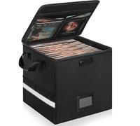 OUUTMEE - Caja de almacenamiento de discos de vinilo ignífugo con cierre, impermeable, bolsa de almacenamiento para disco de vinilo de 12", caja de almacenamiento plegable para álbumes LP, Negro , 34