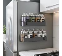 OUUTMEE Juego de 2 estantes magnéticos para especias para frigorífico y horno, estante magnético móvil para colgar en la cocina, con 2 ganchos, color negro