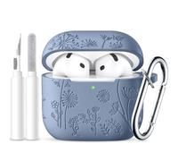 Ouwegaga Flor Grabado Case Compatible con AirPods 4 Funda 2024, Funda Protectora de Silicona Suave Compatible con Apple AirPods 4 Generación Case, LED Visible, Con Mosquetón&Kit Limpiador-Gris Azulado