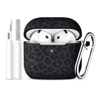 Ouwegaga Flor Grabado Case Compatible con AirPods 4 Funda 2024, Funda Protectora de Silicona Suave Compatible con Apple AirPods 4 Generación Case,LED Visible,Con Mosquetón&Kit Limpiador-Leopardo Negro