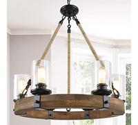ouxei Lámpara De Araña Con Forma De Rueda De Carro De Estilo Rústico: Cuerda De Madera Y Pantalla De Cristal Con Semillas, Lámpara De Techo Vintage Para Decoración Rústica.