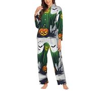 Ouyniei Green Ghost - Conjunto de pijama de manga larga con botones para mujer, diseño de calabaza, Halloween, 2 piezas, tallas S-XXL, Negro, XXL