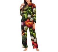 Ouyniei Introducción de varias verduras para mujer, pijama de manga larga con botones, conjunto de ropa de dormir de 2 piezas para mujer, tallas S-XXL, Negro, XL