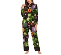 Ouyniei Introducción de varias verduras para mujer, pijama de manga larga con botones, conjunto de ropa de dormir de 2 piezas para mujer, tallas S-XXL, Negro, XXL