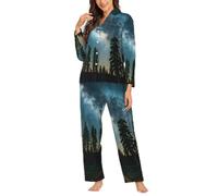 Ouyniei Night Sky With Trees - Conjunto de pijama de manga larga con botones para mujer, ropa de dormir de 2 piezas, tallas S-XXL, Negro, M