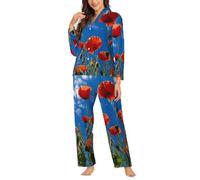 Ouyniei Poppies On Blue Sky - Conjunto de pijama de manga larga con botones para mujer, ropa de dormir de 2 piezas, tallas S-XXL, Negro, L